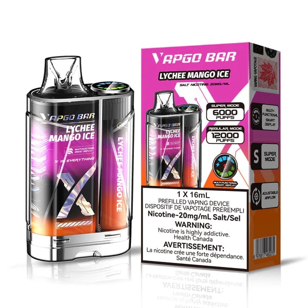 VAPGO BAR 12000 PUFF RECHARGEABLE DISPOSABLE VAPE 16ML lychee mango ice with packaging