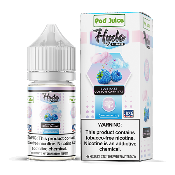 Blue Razz Cotton Carnival by Pod Juice - Hyde TFN Salt Series 30mL with packaging