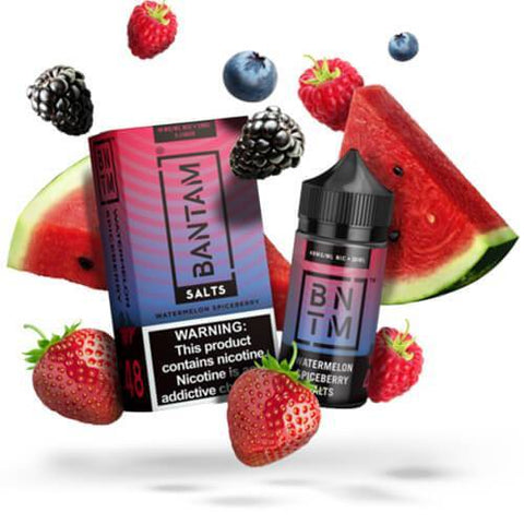 BANTAM SALTS | WATERMELON SPICEBERRY 30ML eLiquid with packaging and background