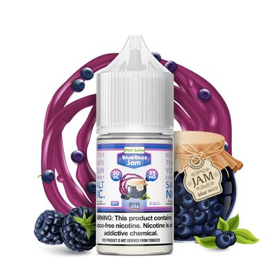 Blue Razz Jam by Pod Juice Salts Series 30mL bottle with background 