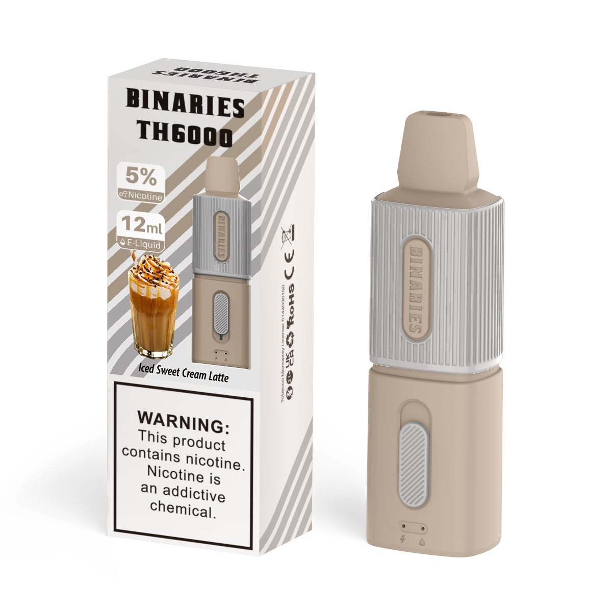 Binaries Cabin Disposable TH | 6000 Puffs | 12mL | 50mg Iced Sweet Cream Latte with Packaging
