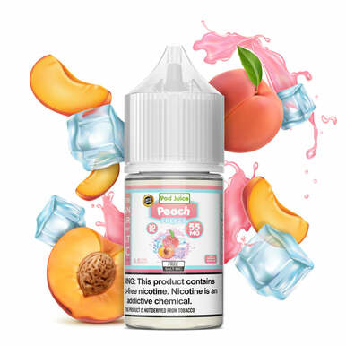 Peach Freeze by Pod Juice Salts Series 30mL bottle with background