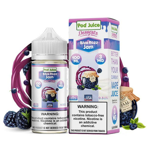 Blue Razz Jam by Pod Juice TFN Series 100mL with packaging and background 