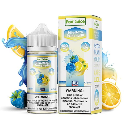 Blue Razz Lemonade by Pod Juice TFN Series 100mL with packaging and background 