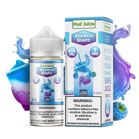Blue Razz Slushy by Pod Juice TFN Series 100mL with packaging and background 