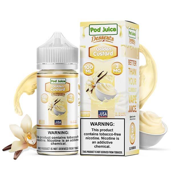 Golden Custard by Pod Juice TFN Series 100mL with packaging and background 