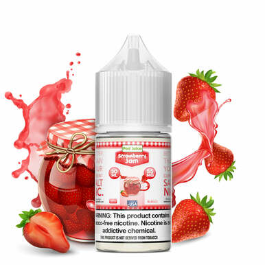 Strawberry Jam by Pod Juice Salts Series 30mL bottle with background 