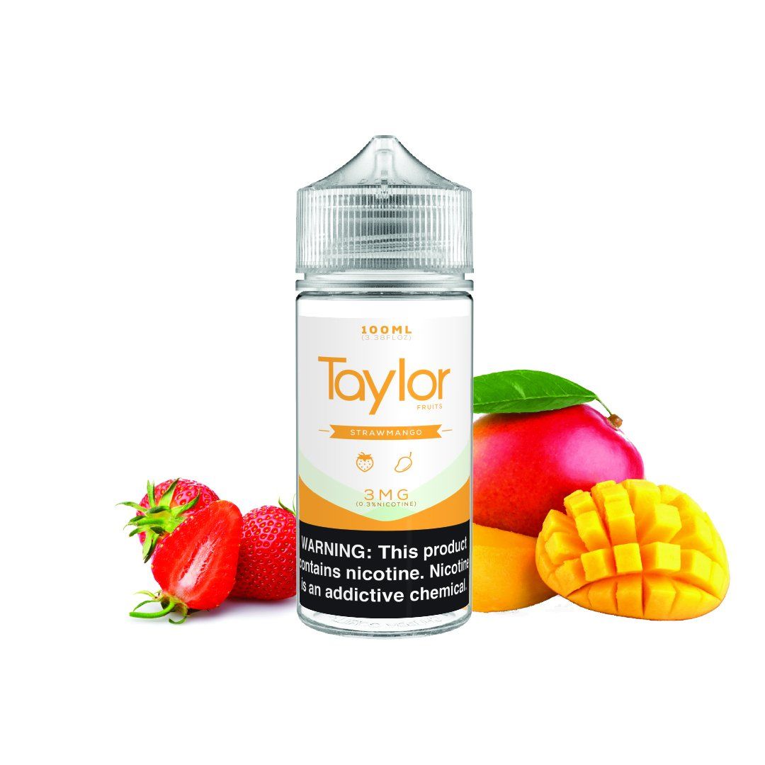 Strawmango by Taylor Fruits 100ml bottle with background 